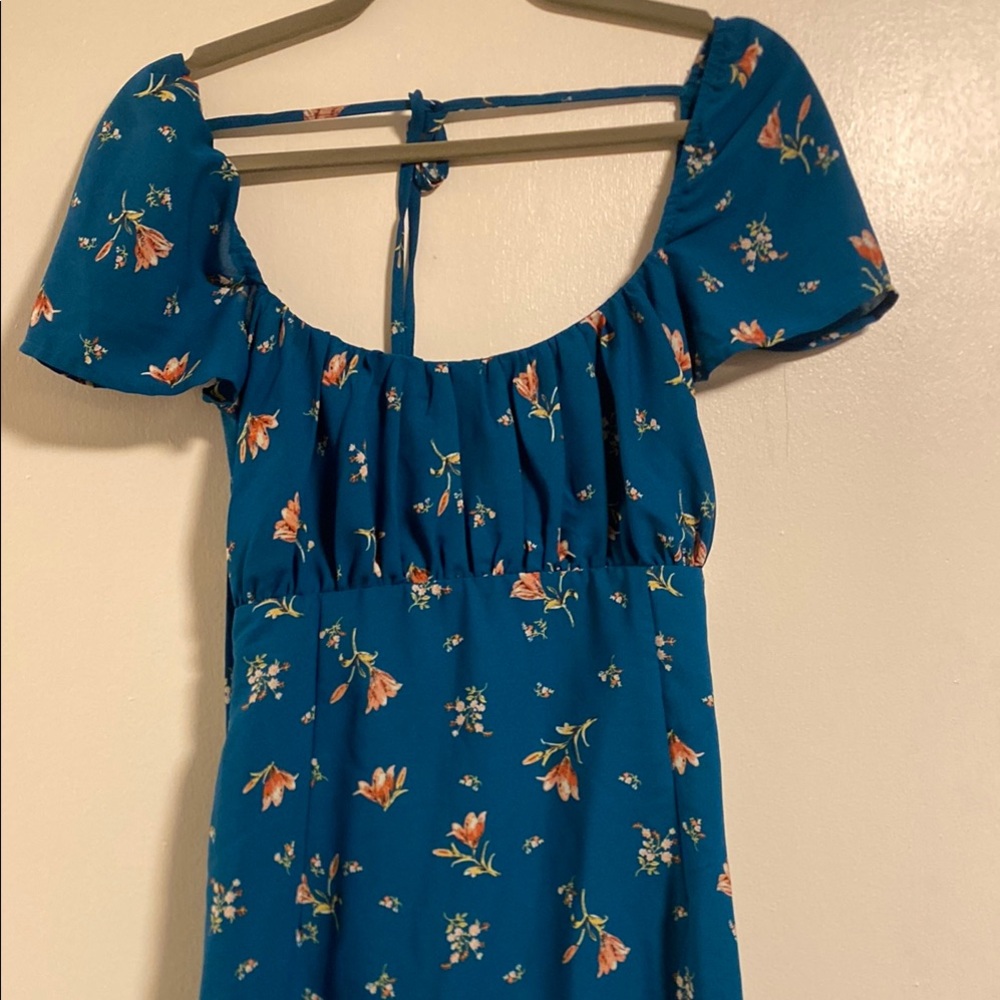 Floral Blue Dress with Sleeves